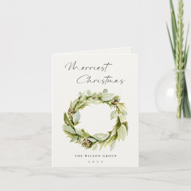 Foliage Winter Wreath Merriest Christmas Logo Holiday Card (Front)