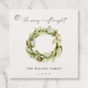 Foliage Winter Wreath Merry & Bright Christmas Hol Favour Tags