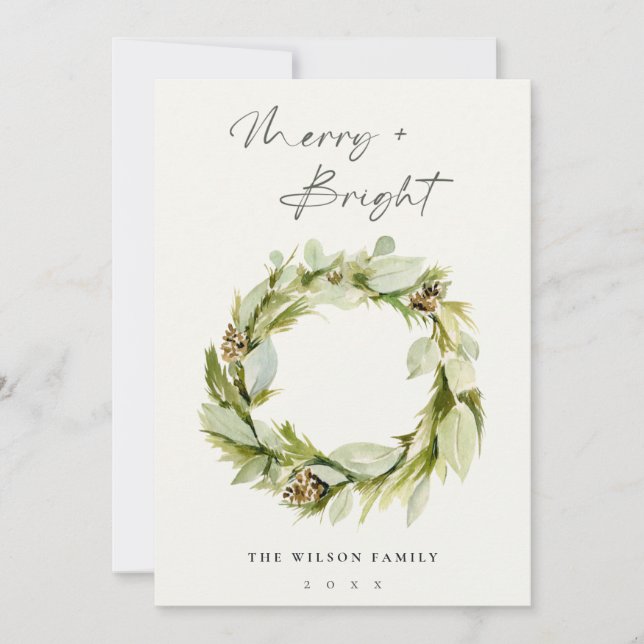 Foliage Winter Wreath Merry & Bright Christmas Holiday Card (Front)
