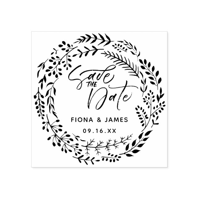 Foliage Wreath Brush Script Save The Date Rubber Stamp (Imprint)