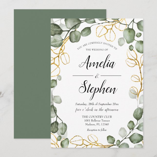 Foliage Wreath Eucalyptus Wedding Invitation (Front/Back)
