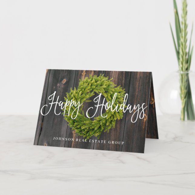 Foliage Wreath on Wood | Happy Holidays Greeting Card (Front)