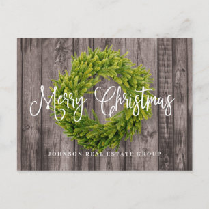 Foliage Wreath on Wood   Merry Christmas Greeting Holiday Postcard