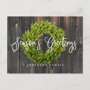 Foliage Wreath on Wood   Season's Greetings Holiday Postcard