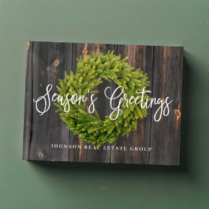 Foliage Wreath on Wood   Season's Greetings Holiday Postcard