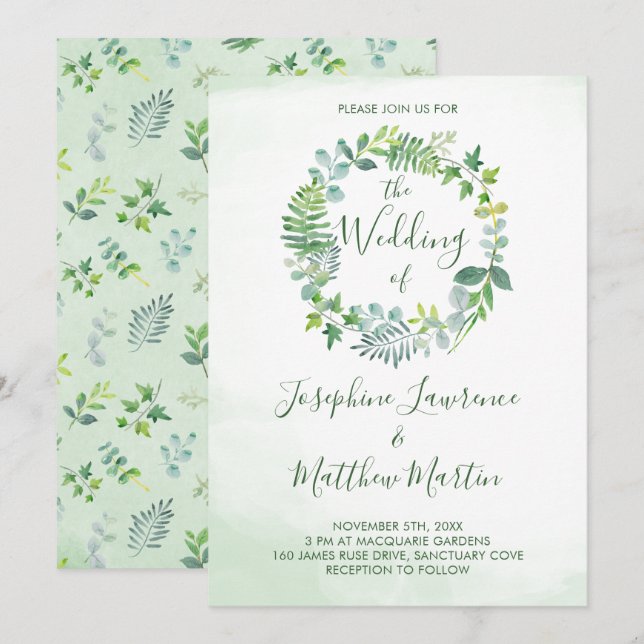 Foliage Wreath Watercolor Greenery Wedding Invitation (Front/Back)