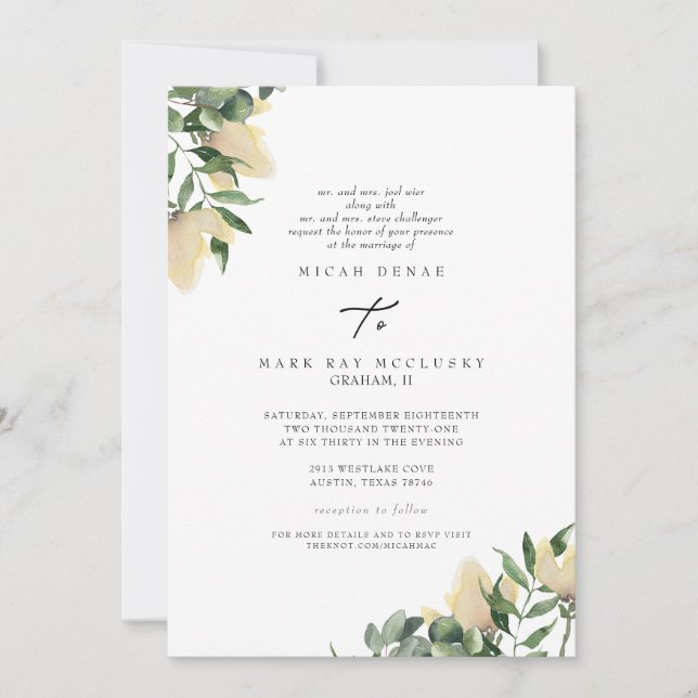 Foliage & Yellow Peonies Divorced Parents Website Invitation (Front)