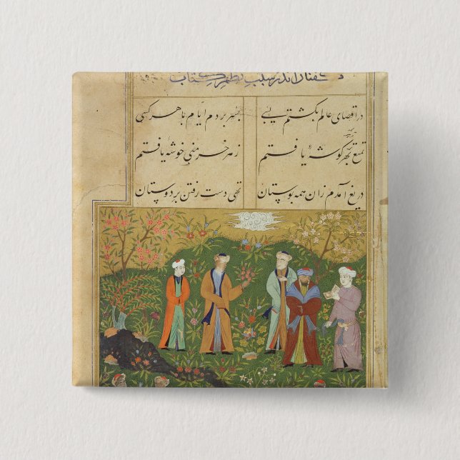 Folio 39, A garden scene, from the 'Bustan of Sa'd 2 Inch Square Button (Front)