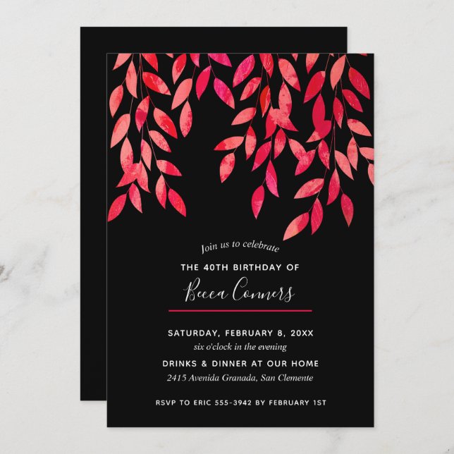 Foliole rose chaud noir Invitations d'anniversaire (Devant / Derrière)