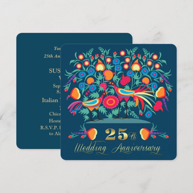 Folk Art 25th Wedding Anniversary Party  Invitation (Front/Back)