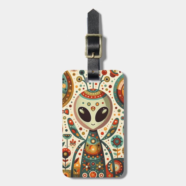 Folk Art Alien Bug Luggage Tag - Customize (Front Vertical)