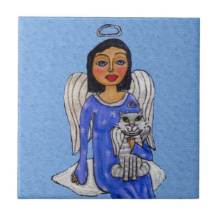 Folk Art Angel Blue eyes White Angel Cat on Cloud Tile