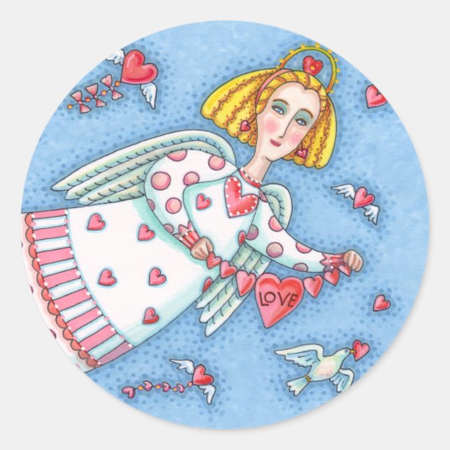 FOLK ART ANGEL, CAT AND FLYING HEARTS CLASSIC ROUND STICKER (Front)