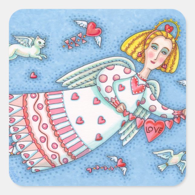 FOLK ART ANGEL, CAT AND FLYING HEARTS SQUARE STICKER (Front)