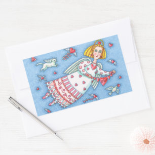 FOLK ART ANGEL, CAT AND FLYING HEARTS STICKER