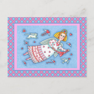 FOLK ART ANGEL, CAT AND FLYING HEARTS VALENTINE HOLIDAY POSTCARD