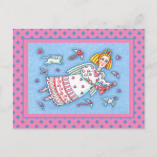 FOLK ART ANGEL, CAT AND FLYING HEARTS VALENTINE HOLIDAY POSTCARD