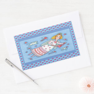 FOLK ART ANGEL, CAT AND FLYING HEARTS VALENTINE STICKER