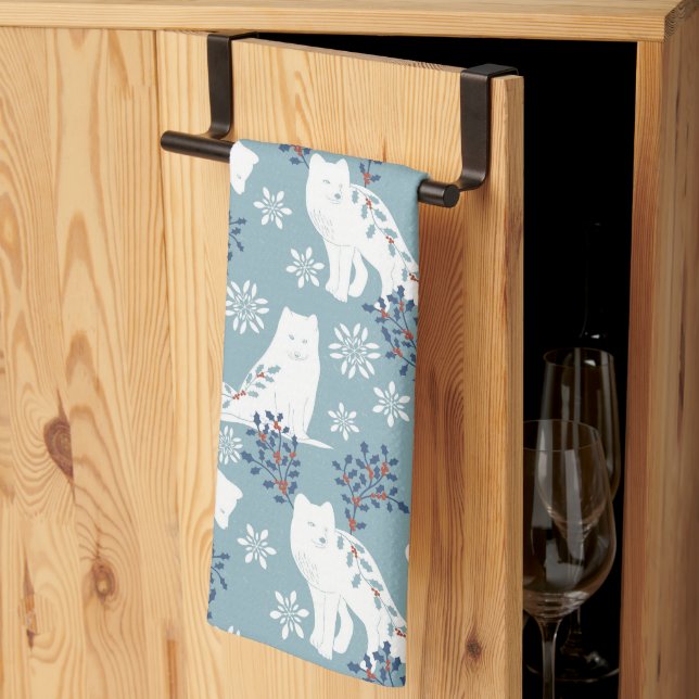 Folk Art Arctic Fox in the Snow with Holly Kitchen Towel (Thirds Fold)
