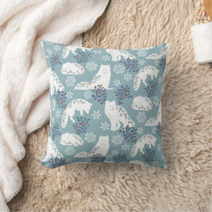 Folk Art Arctic Fox in the Snow with Holly Throw Pillow