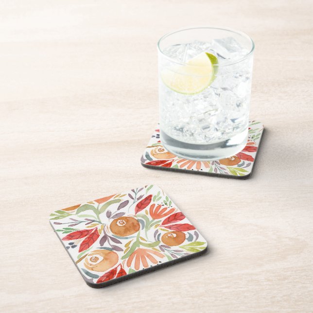 Folk Art Autumn Floral Watercolor Coaster Set (Right Side)