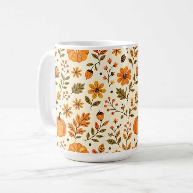 Folk Art Autumn Flowers Thanksgiving Coffee Mug (Front Left)