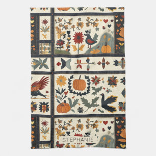 Folk Art Autumn Quilt Pattern Rustic Harvest Kitchen Towel