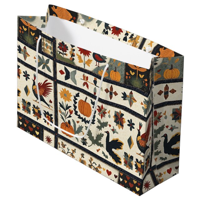 Folk Art Autumn Quilt Pattern | Rustic Harvest Large Gift Bag (Front Angled)