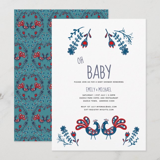Folk Art Baby Shower Invitation Birds Scandinavian (Front/Back)