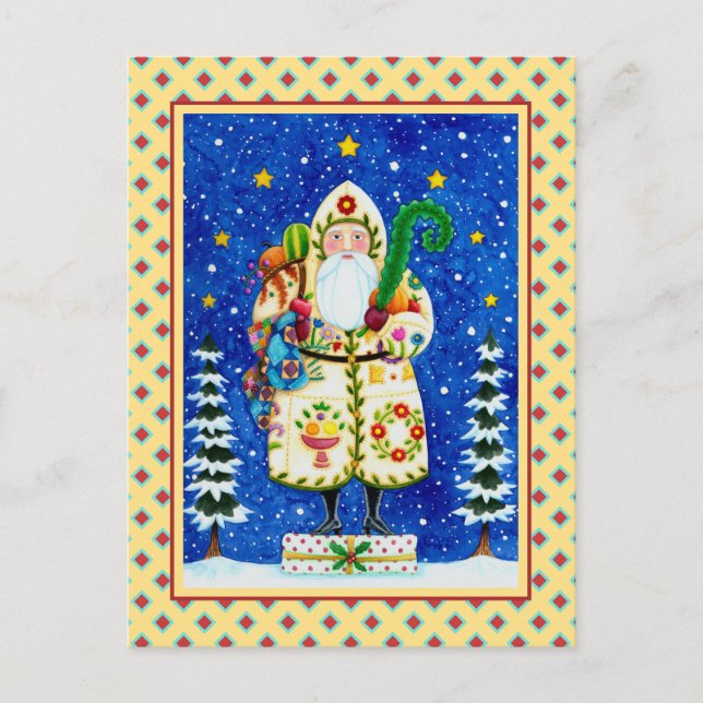 FOLK ART BALTIMORE QUILT FATHER CHRISTMAS HOLIDAY POSTCARD (Front)
