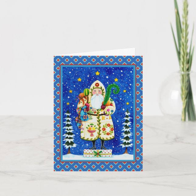 FOLK ART BALTIMORE QUILT FATHER CHRISTMAS Verse Holiday Card (Front)