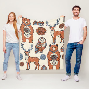 Folk Art Bear Deer Owl Nordic Forest Blanket