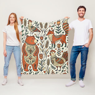 Folk Art Bear Fox Hen Nordic Forest Blanket