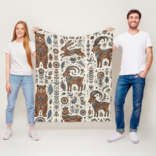 Folk Art Bear Hare Goat Nordic Forest Blanket