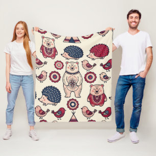 Folk Art Bear Hedgehog Robin Nordic Forest Blanket