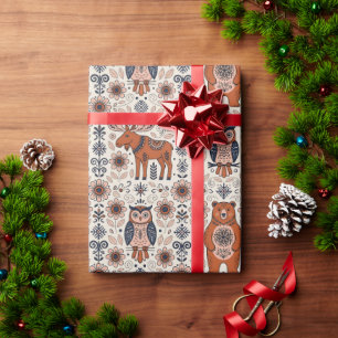 Folk Art Bear Owl Moose Forest Wrapping Paper