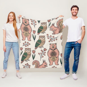 Folk Art Bear Owl Squirrel Nordic Forest Blanket