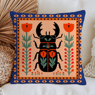 Folk Art Beetle Insect Illustration Floral Throw Pillow