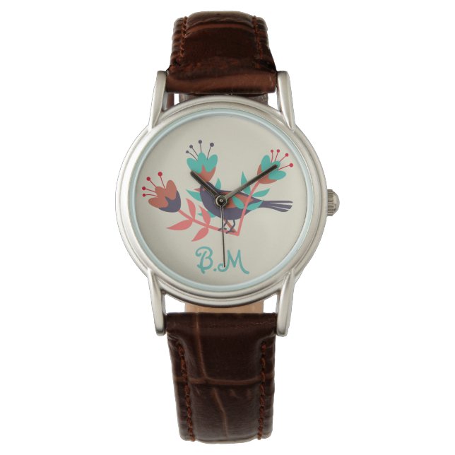 Folk Art Bird and Floral Monogram Watch (Front)