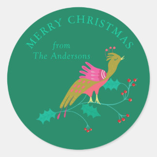 Folk Art Bird and Red Holly Berries Personalized Classic Round Sticker