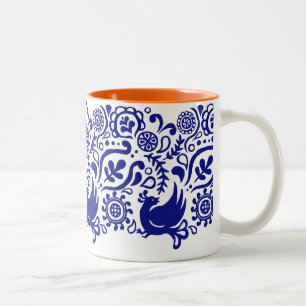 Folk Art Bird & Flower Pattern Blue & White Mug