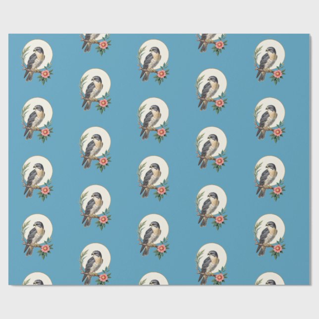 Folk Art Bird Pattern Blue Wrapping Paper (Flat)