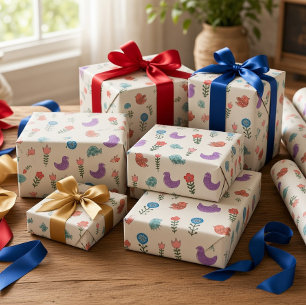 Folk Art Birds and Flowers Wrapping Paper