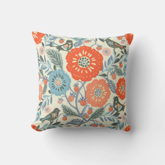 Folk Art Birds And Strawberry Design Throw Pillow