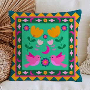 Folk Art Birds Dopamine Aesthetic Colourful Throw Pillow