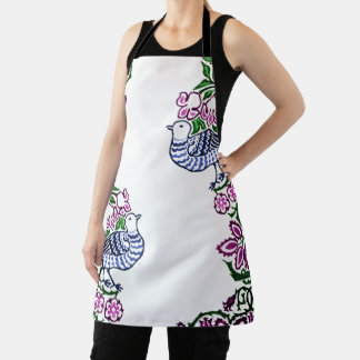 Folk Art Birds Flowers Acorns Apron