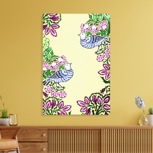 Folk Art Birds Flowers Acorns Canvas Print