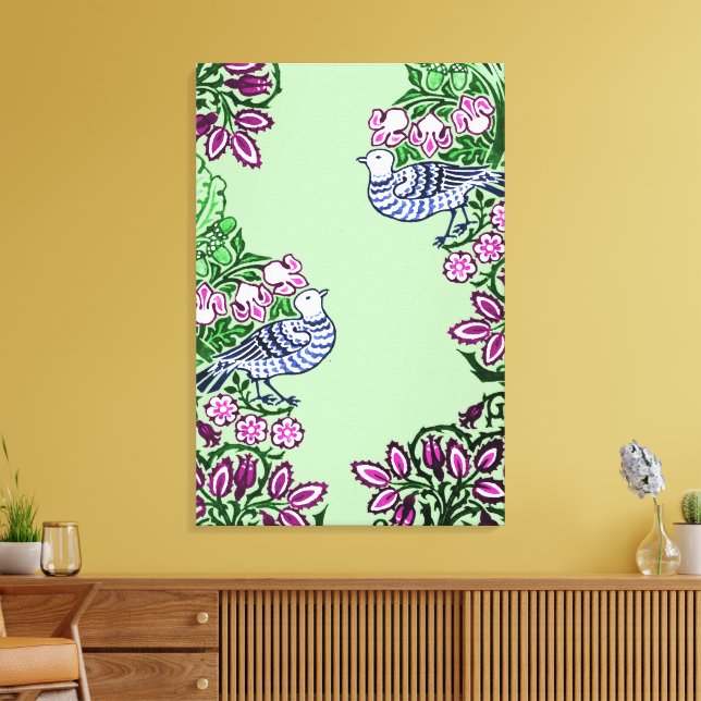 Folk Art Birds Flowers Acorns Canvas Print (Insitu(LivingRoom))