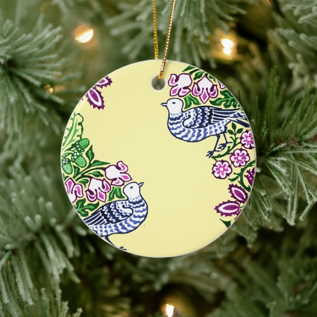 Folk Art Birds Flowers Acorns Ceramic Ornament (Tree)