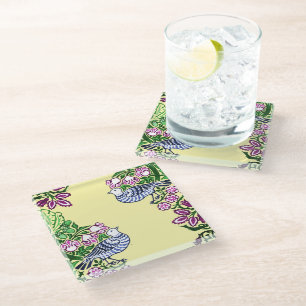 Folk Art Birds Flowers Acorns Glass Coaster